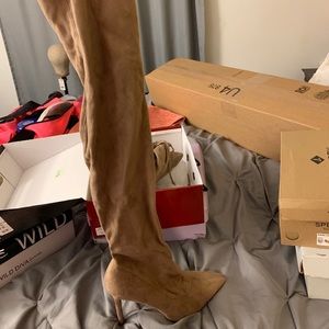 Never worn Taupe Thigh High boot heels from Akira!